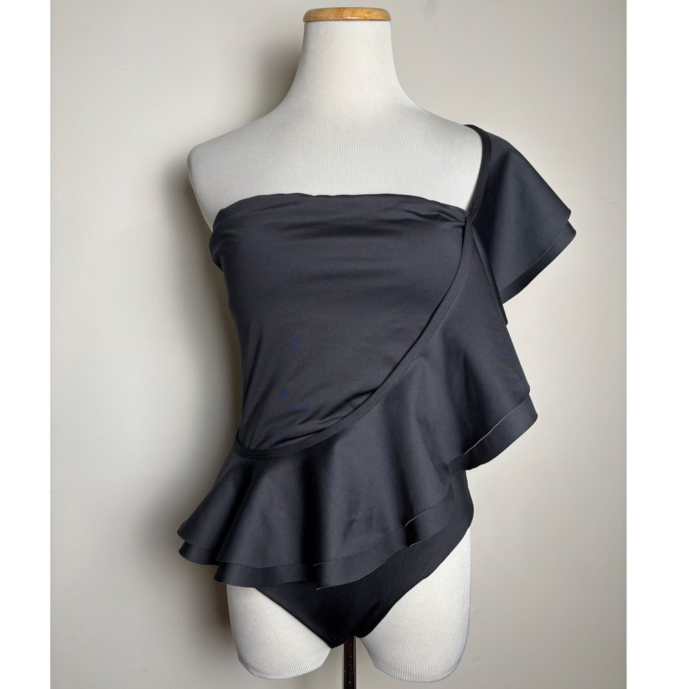 Ancora Womens One Piece Swimsuit L Black One Shoulder Ruffle Asymmetrical Luxury